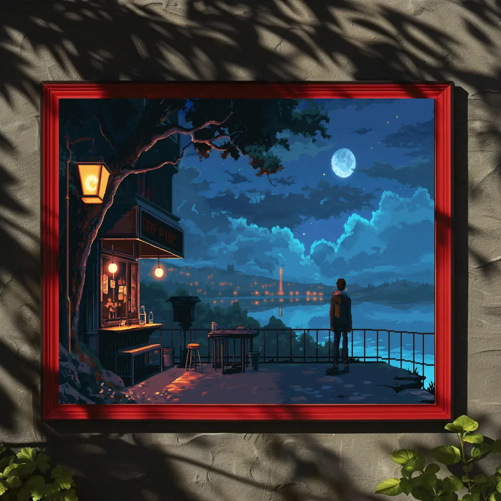 Moonlit Terrace: Pixel Art Nightscape Poster