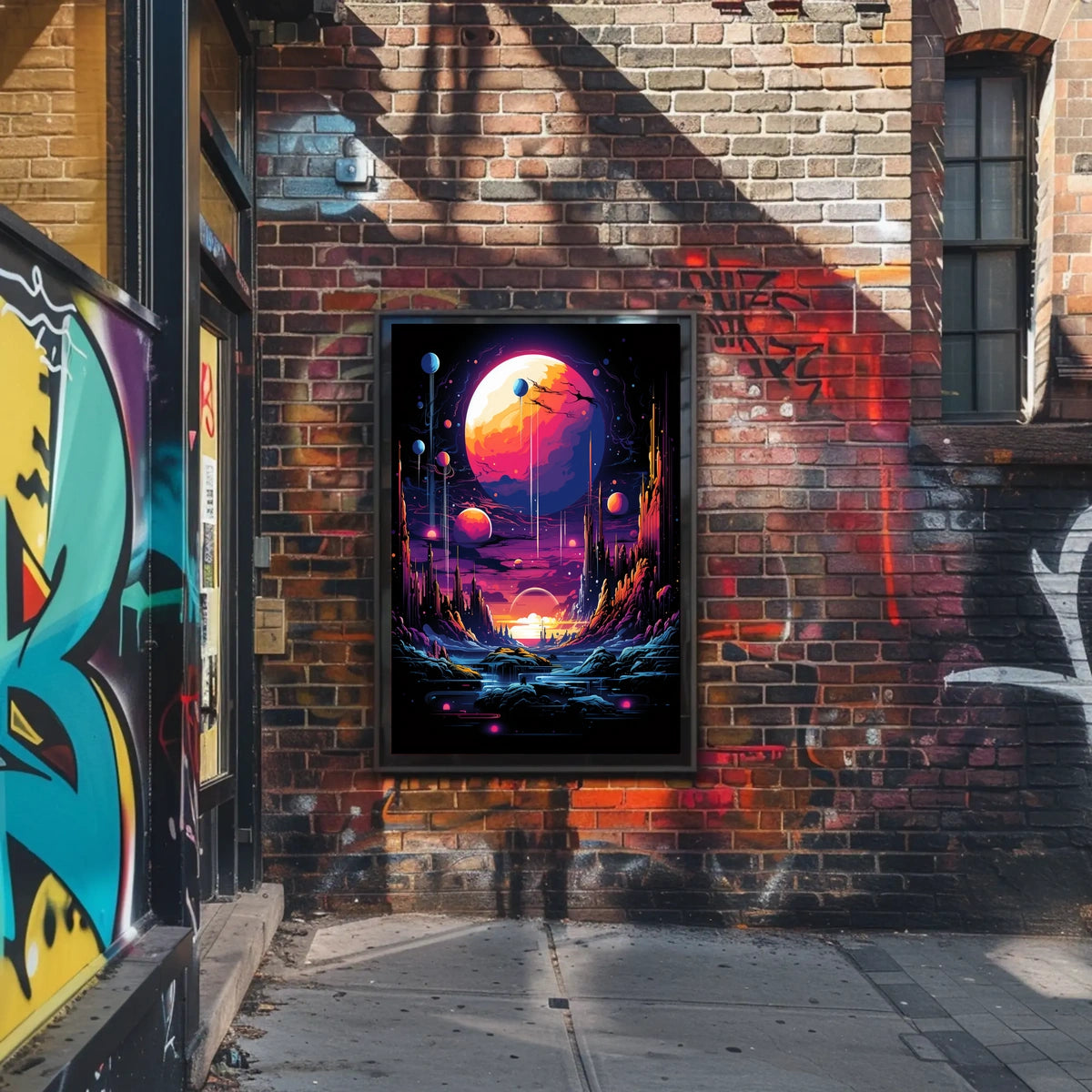 The poster features a vibrant and surreal sci-fi landscape. The core subject is Travel Poster