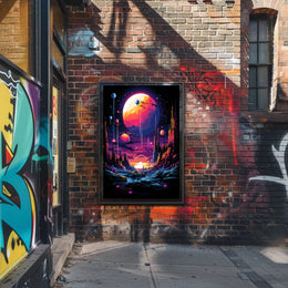 The poster features a vibrant and surreal sci-fi landscape. The core subject is Travel Poster