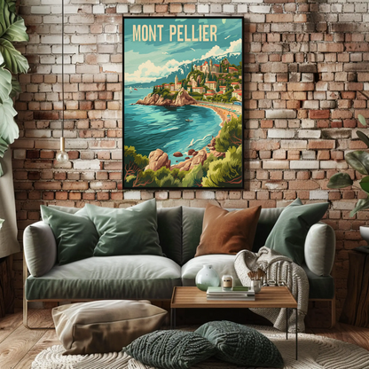 Montpellier France Coast Hillside Village Travel Poster