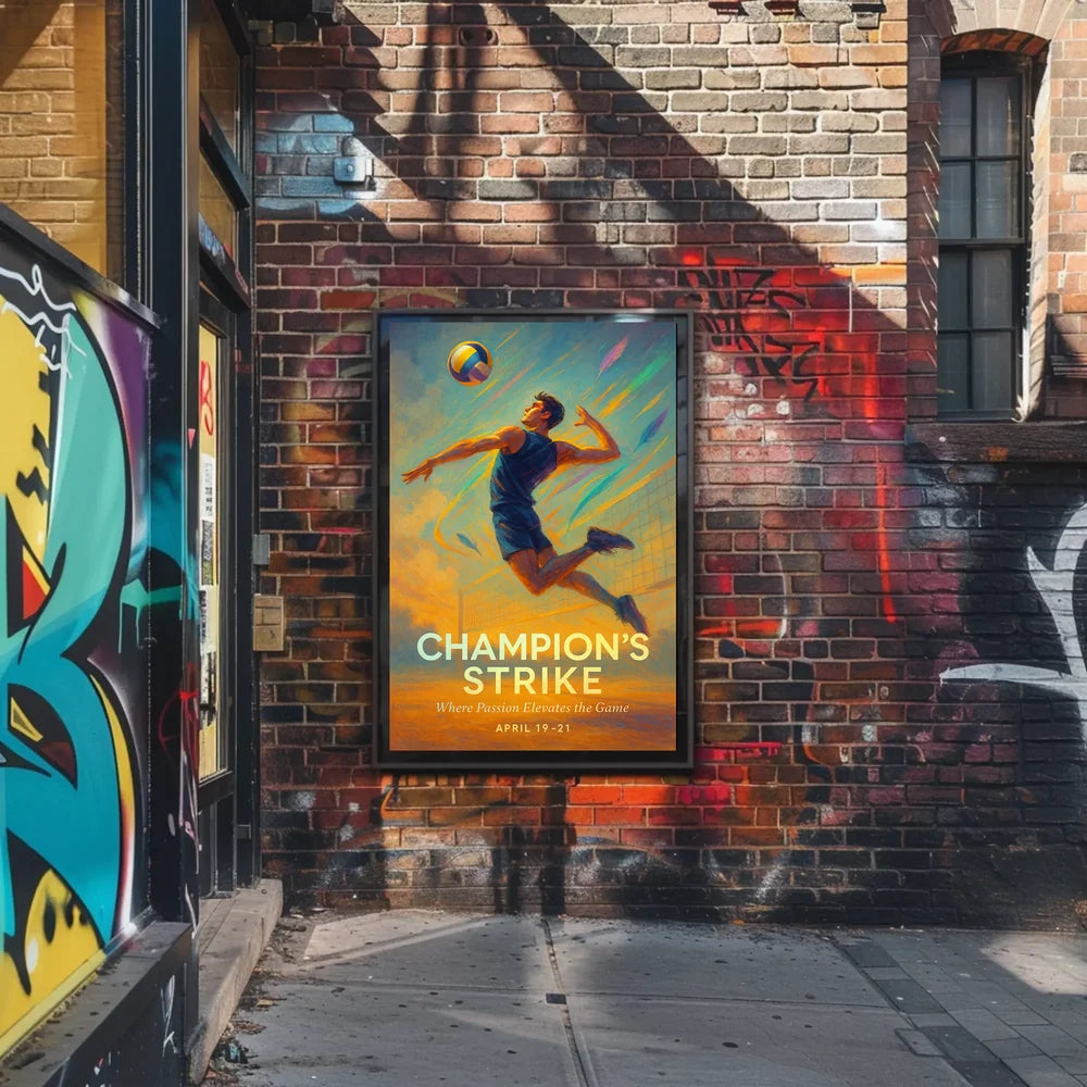 Champion's Strike Energetic Volleyball Action Sports Poster PosterGoat