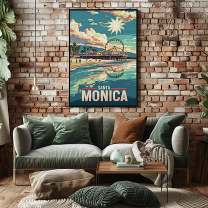Santa Monica Reflection Ferris Wheel Beachfront Sunset Travel Poster