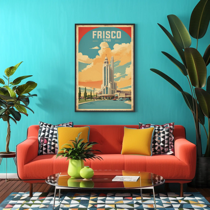 Frisco Texas Modern Tower Sunset Street Vintage Travel Poster