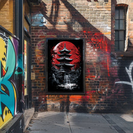 Traditional Japanese Pagoda with Red Moon Cultural Poster