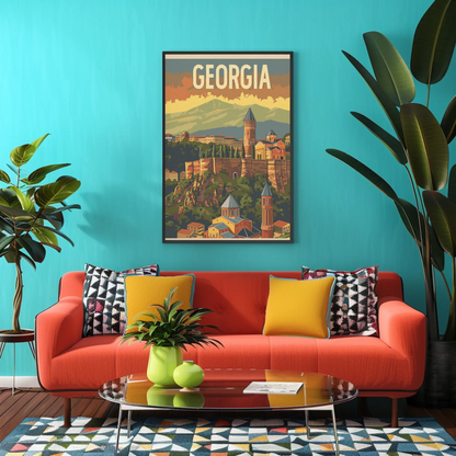 Georgia Caucasus Mountains Old Town Vintage Travel Poster