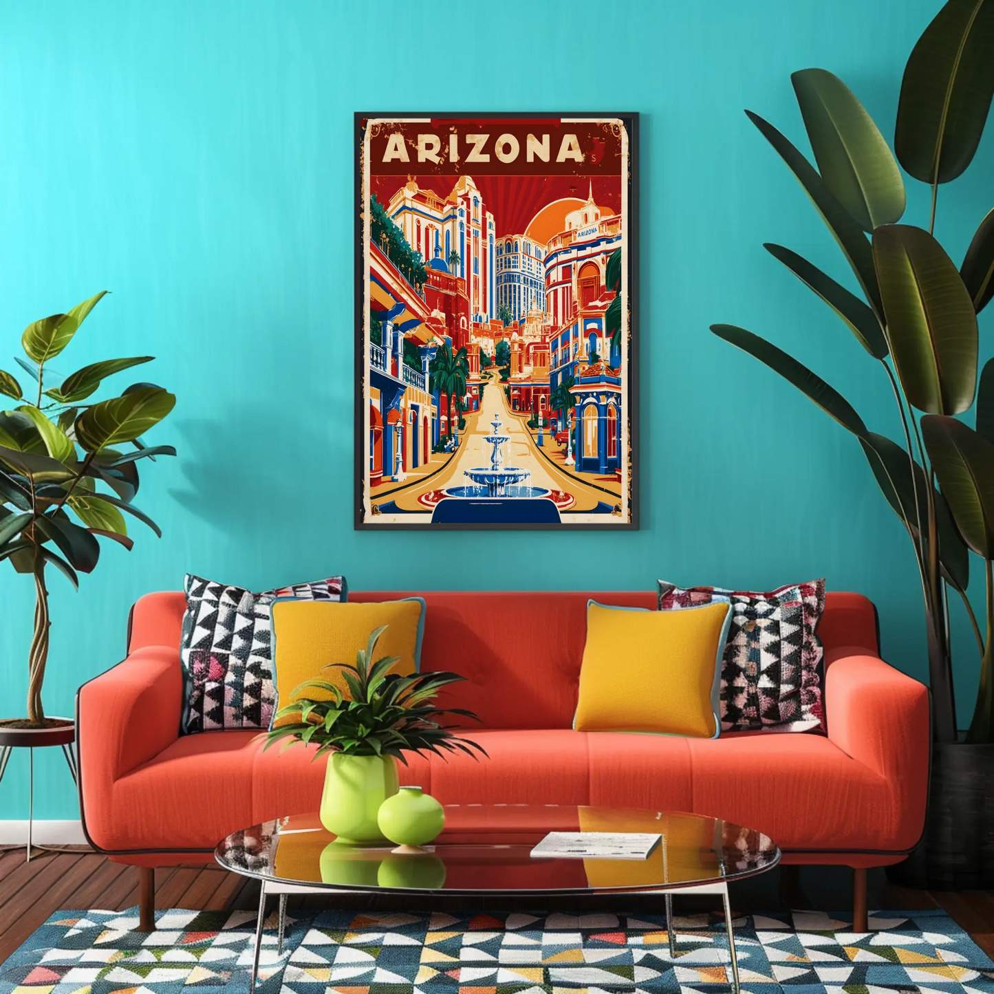 Arizona Bold Hillside Downtown Retro Travel Poster USA