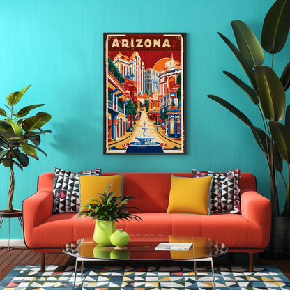 Arizona Bold Hillside Downtown Retro Travel Poster USA