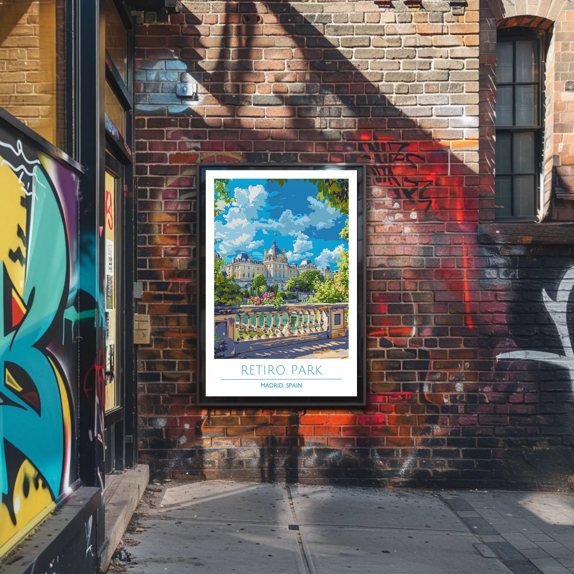 Retiro Park in Madrid vibrant travel illustration poster