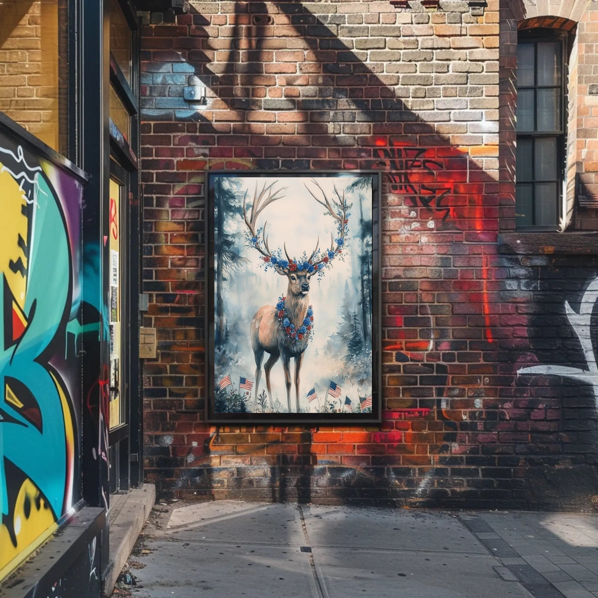 Deer With Antlers Adorned In Blue And Red Garland Poster