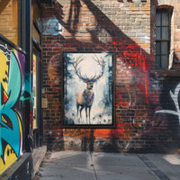 Deer With Antlers Adorned In Blue And Red Garland Poster