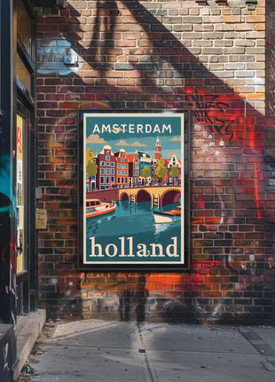 Amsterdam Canal Houses Scenic Vintage Travel Poster