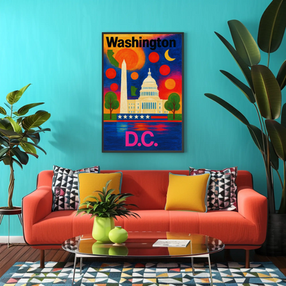 Washington DC Capitol Monument Patriotic Night Vintage Travel Poster