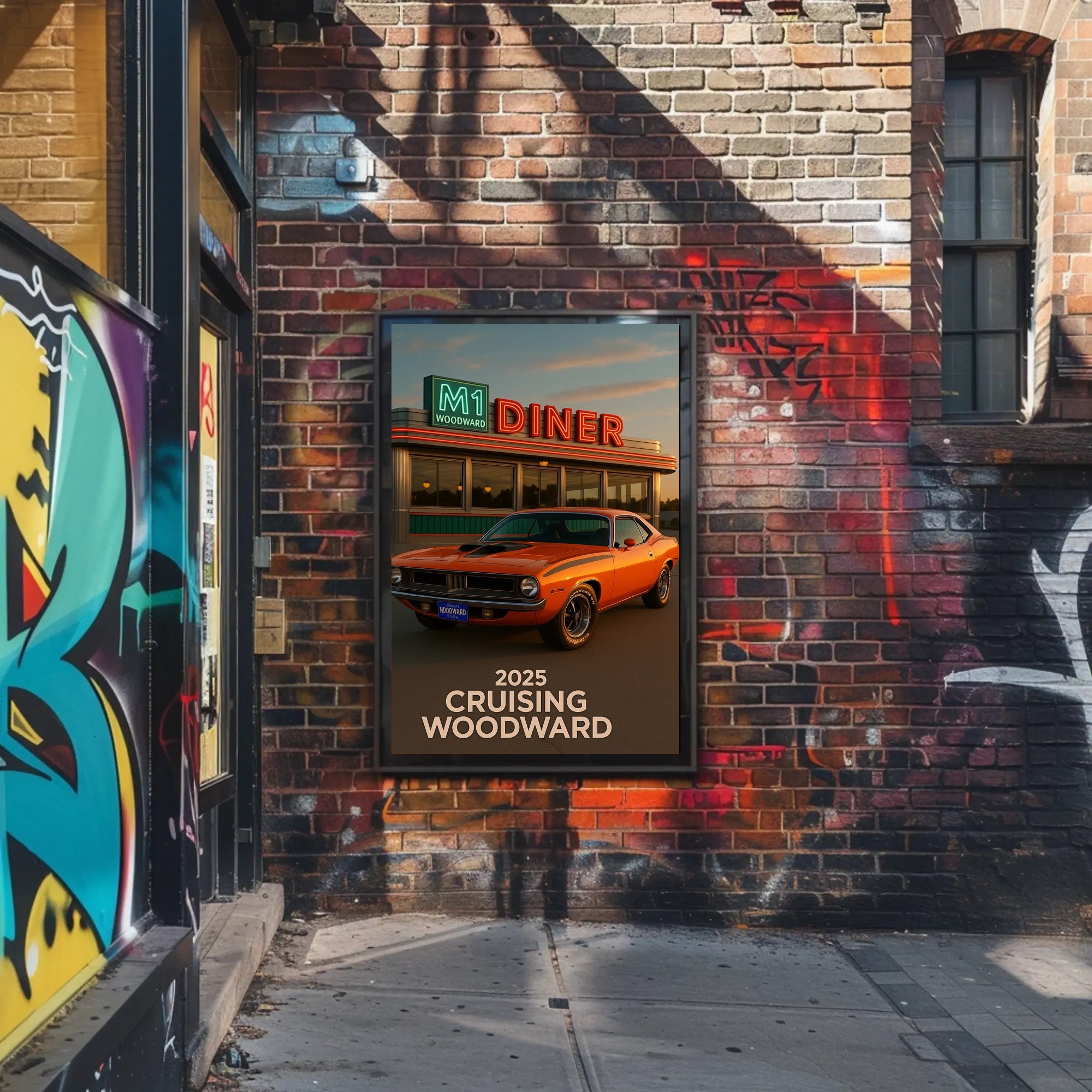 Classic Muscle Car and Diner Scene Retro Travel Poster