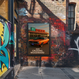 Classic Muscle Car and Diner Scene Retro Travel Poster
