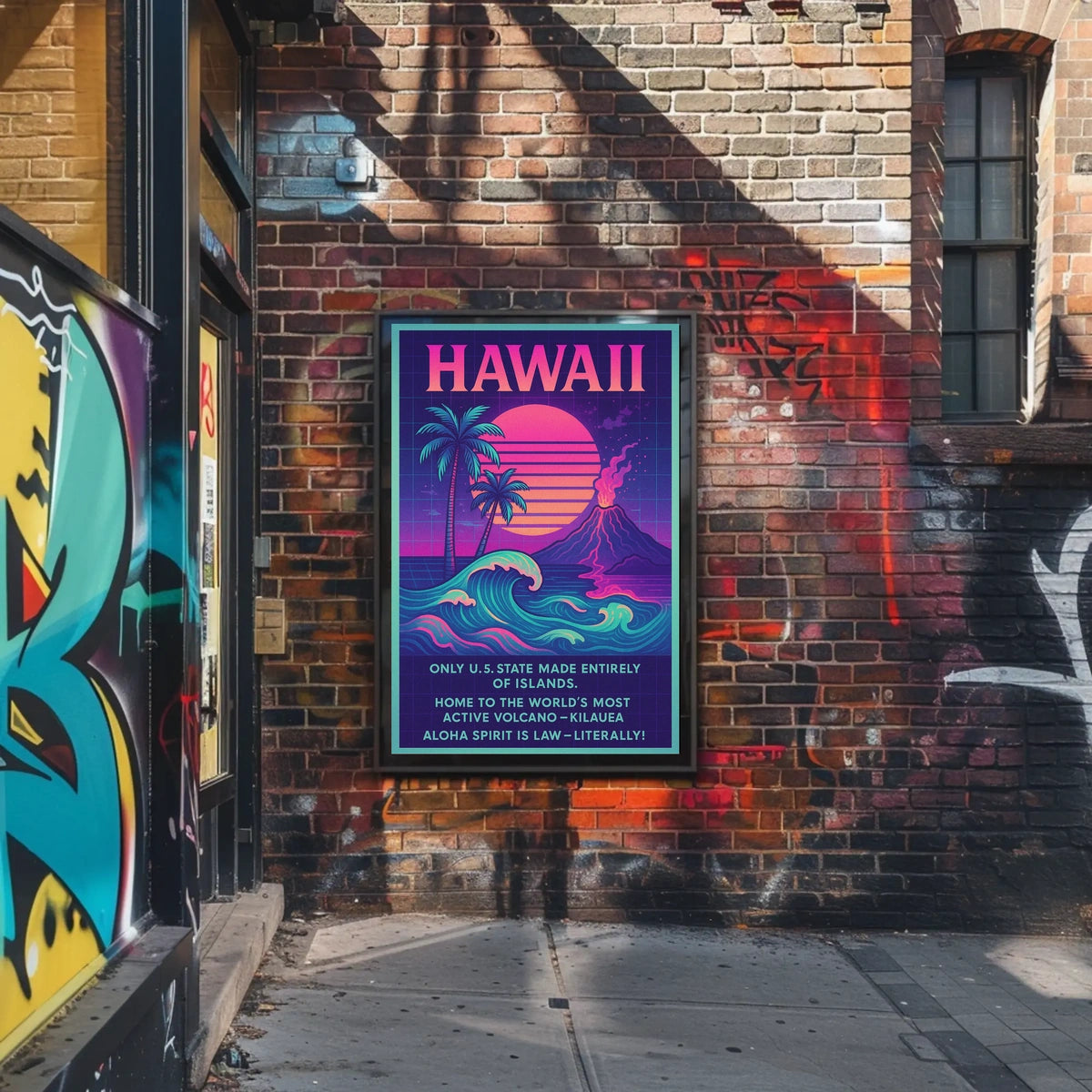 The poster centers on Hawaii, emphasizing its unique geographical and cultural attributes. The Travel Poster