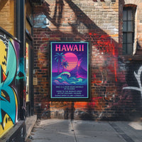 The poster centers on Hawaii, emphasizing its unique geographical and cultural attributes. The Travel Poster