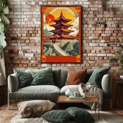 China Pagoda Sunset Clouds Fortress Peaks Travel Poster