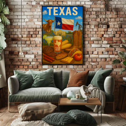 Texas Icons Food Flag Boots Beer Travel Poster