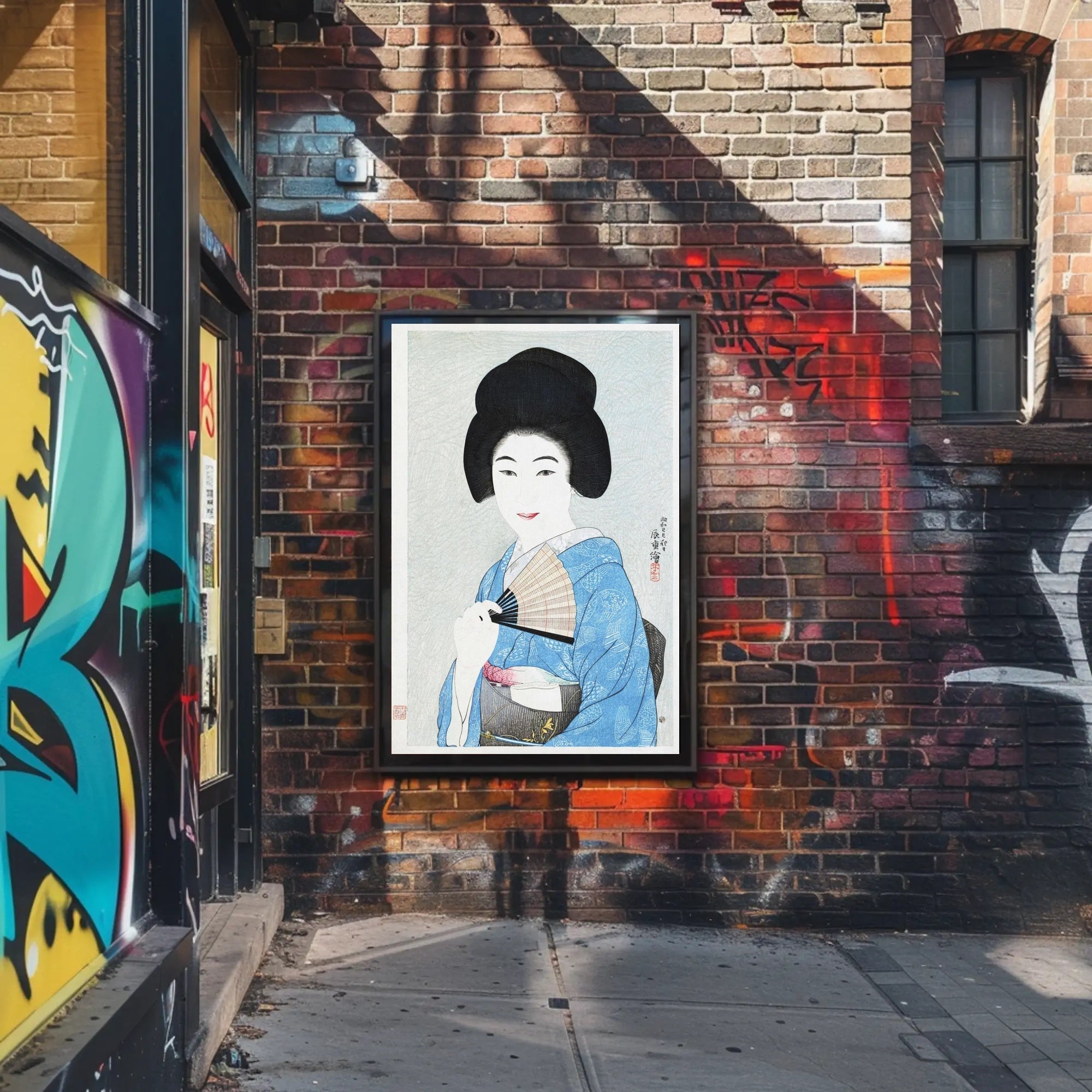 Portrait of Elegance: Traditional Japanese Woman in Blue Kimono Poster