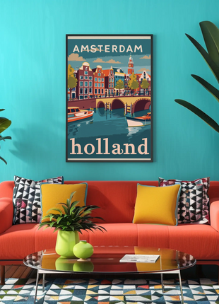 Amsterdam Holland Autumn Canal Houses Vintage Travel Poster