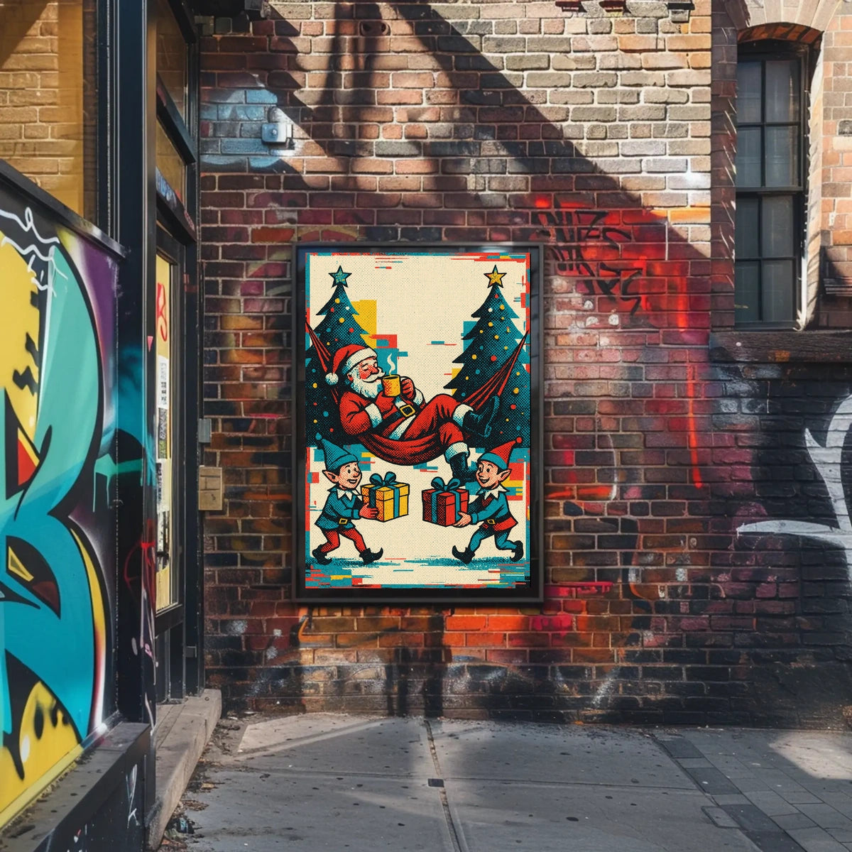 Festive Santa and Elves Vintage Christmas Poster