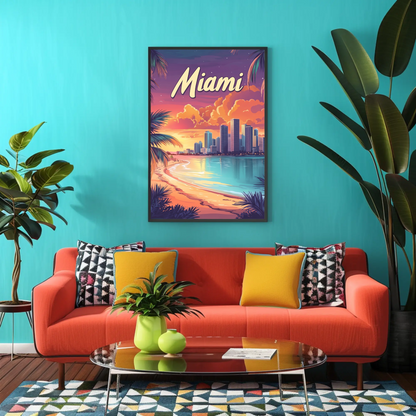 Miami Beach Sunset Vintage Travel Poster
