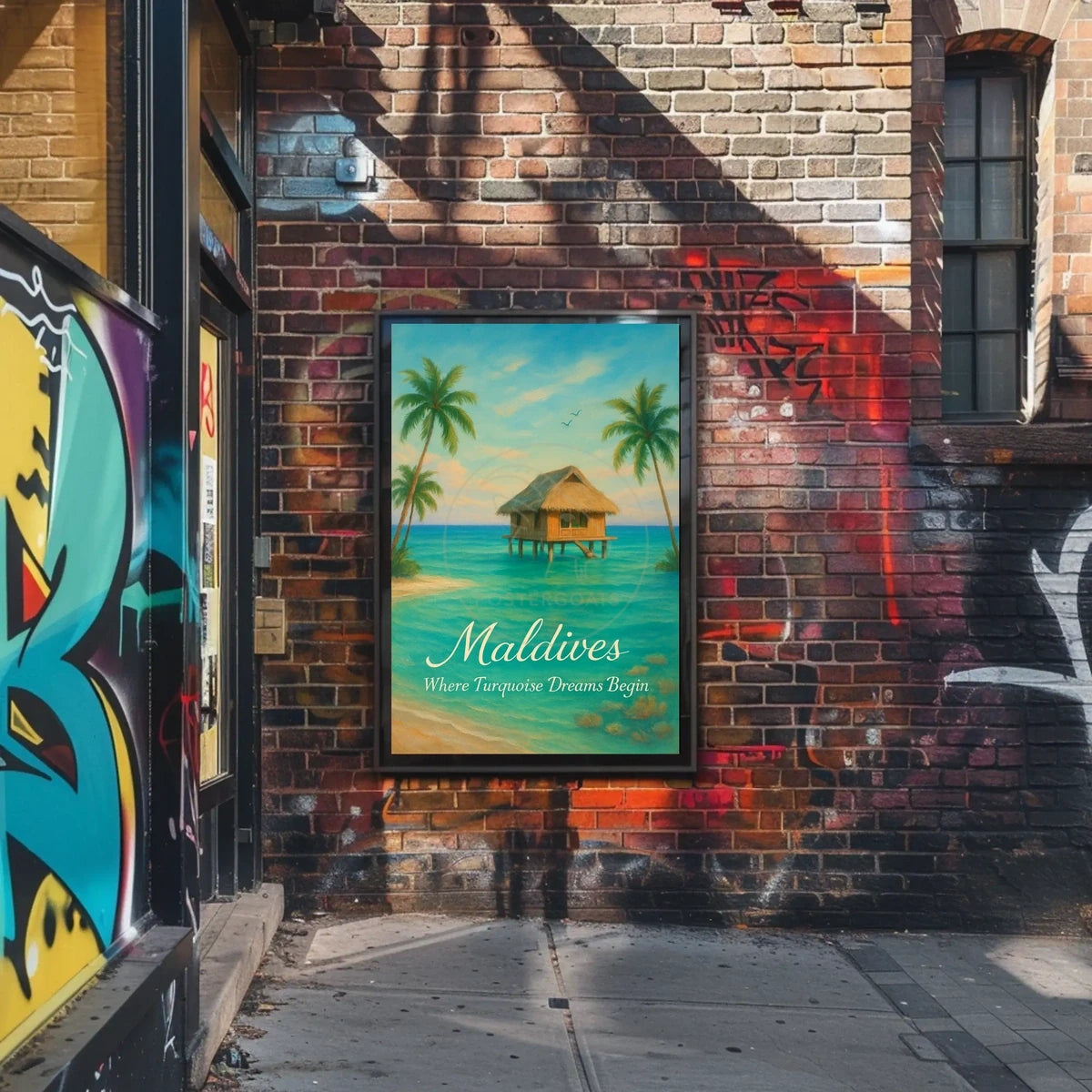 This poster vividly captures a serene tropical paradise, likely set in the Maldives, Travel Poster