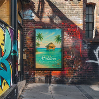 This poster vividly captures a serene tropical paradise, likely set in the Maldives, Travel Poster