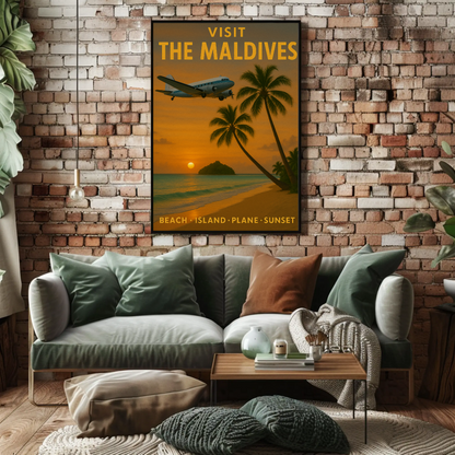 Visit Maldives Island Paradise Sunset Plane Travel Poster