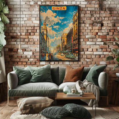 Ginza Tokyo Vintage Crowd Skyline Travel Poster