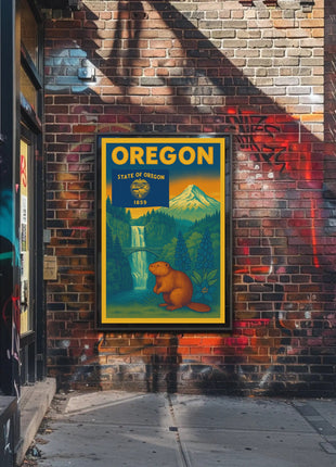 Vintage Oregon Travel Poster Featuring Iconic Natural Landmarks