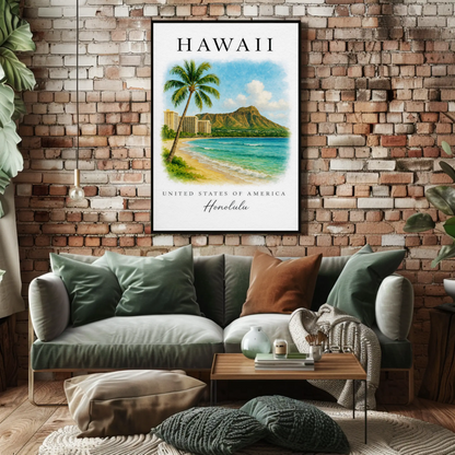Honolulu Hawaii Diamond Head Beach Scene Poster