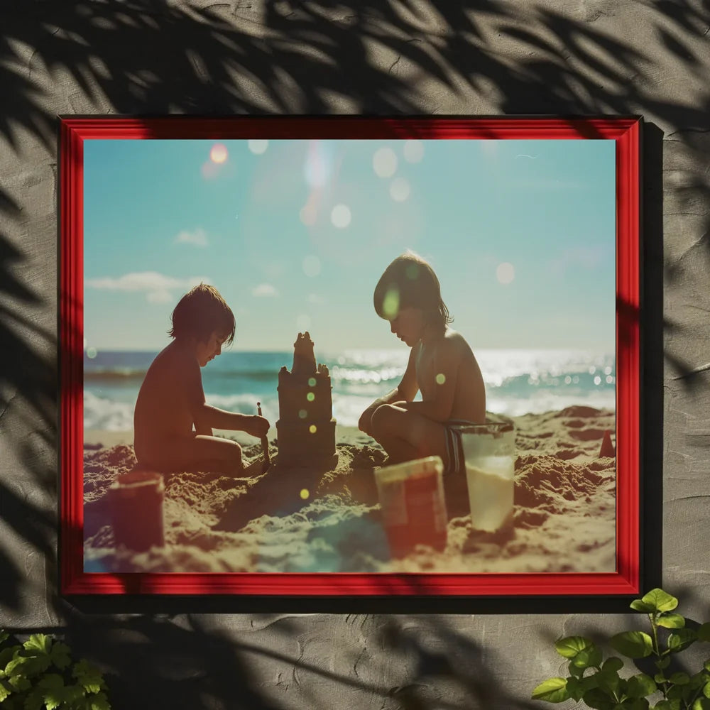 Serene Beach Scene: Children Building Sandcastle Poster