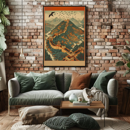 Great Wall Soaring Eagle Over Mountains Travel Poster