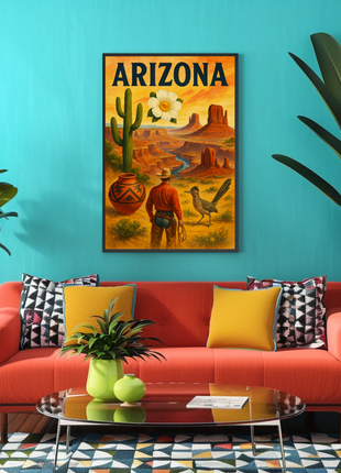 Arizona Desert Cowboy Saguaro Sunset Vintage Travel Poster