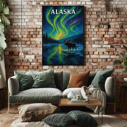 Alaska Aurora Borealis Moose Night Sky Travel Poster