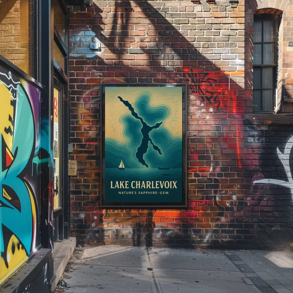 Lake Charlevoix: Sapphire-Gem Abstract Map Travel Poster