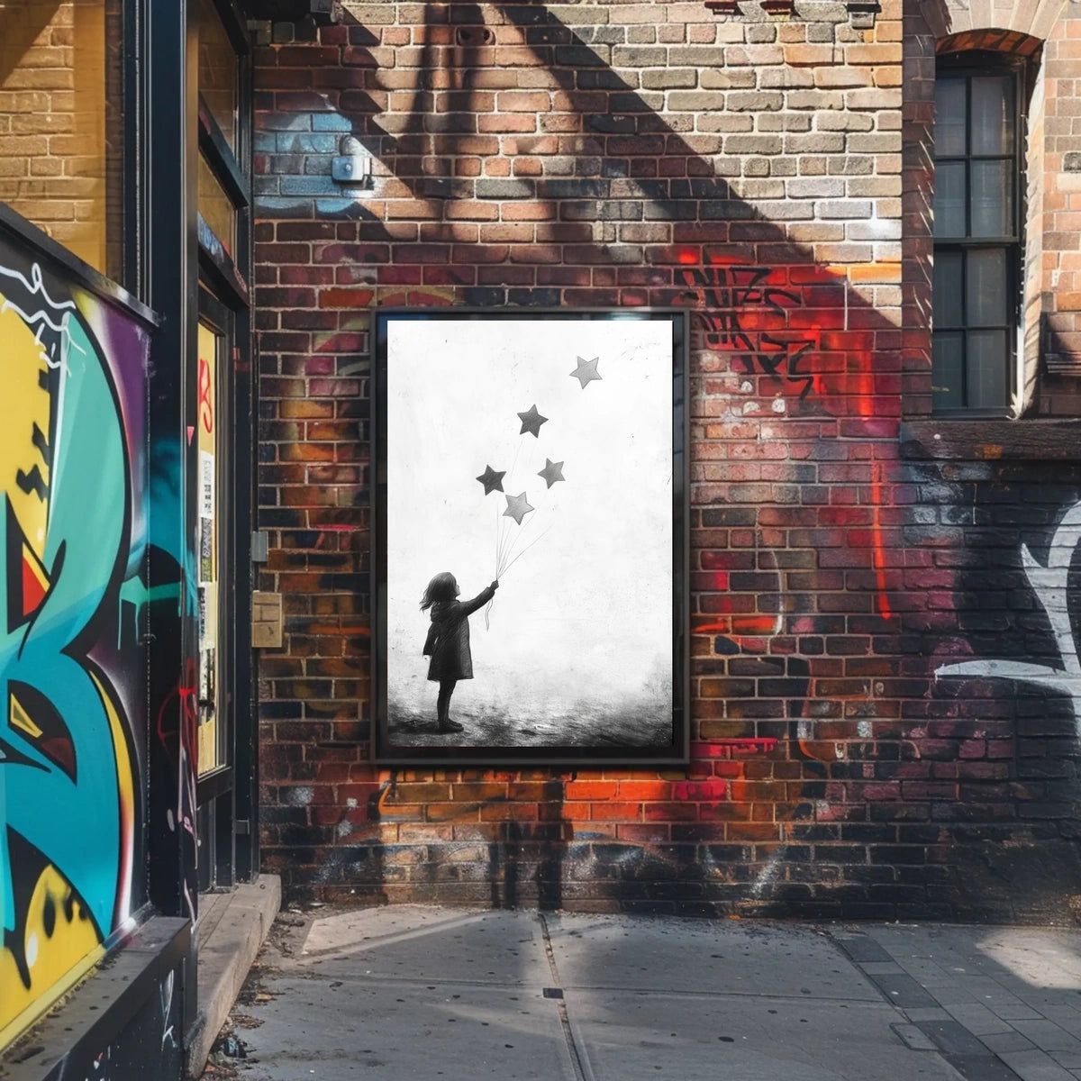 Child Releasing Star Balloons Silhouetted Artwork Poster