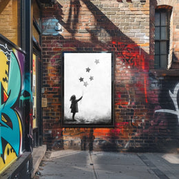 Child Releasing Star Balloons Silhouetted Artwork Poster