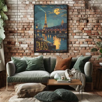 Paris Eiffel Tower Night Lights River Travel Poster