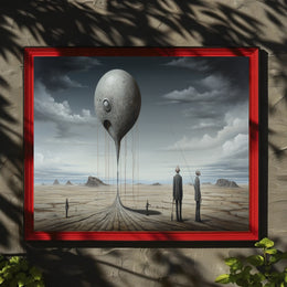 Surreal Metallic Sphere Floats in Desolate Sci-Fi Landscape Poster