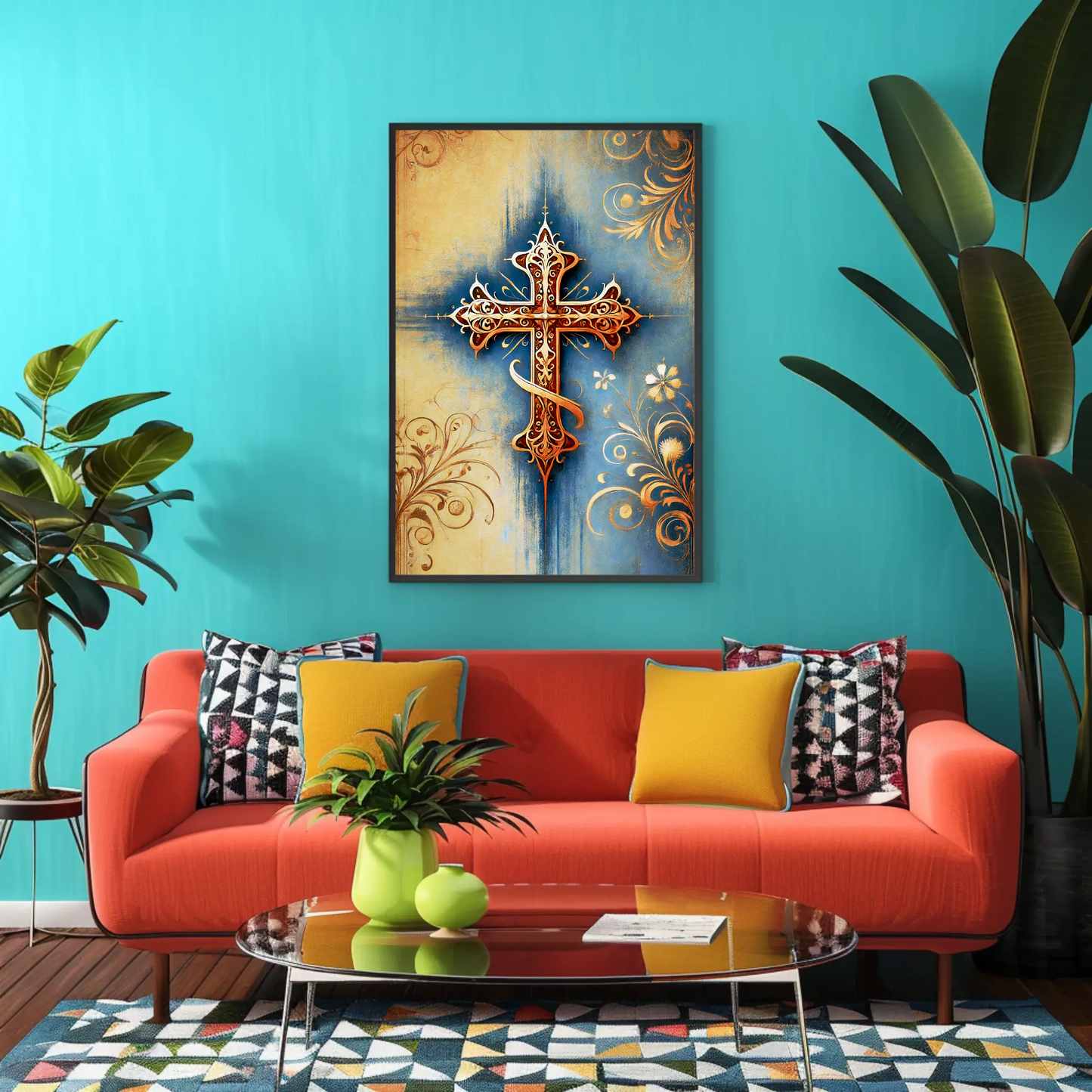 Gothic Blue Gold Cross Ornament Vintage Travel Poster