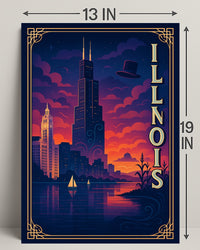 Illinois Skyline at Sunset: Captivating Travel Poster