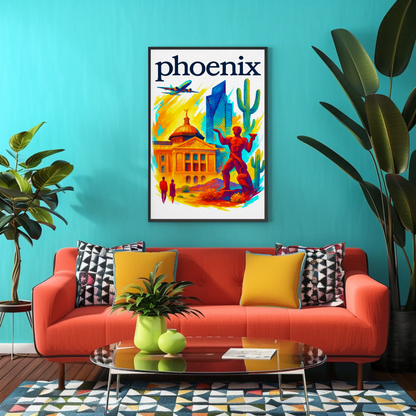 Phoenix Capitol Cactus Statue Airplane Desert Vintage Travel Poster