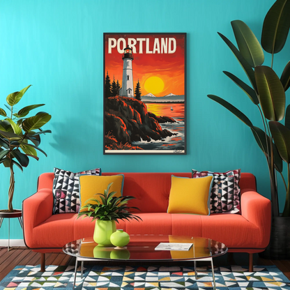 Portland Vintage Poster - Lighthouse at Sunset