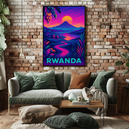 Rwanda Neon Night Valley Sunset Travel Poster