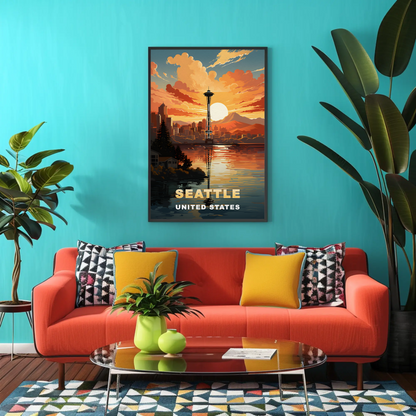 Seattle Washington Space Needle Sunset Vintage Travel Poster
