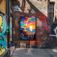 Vibrant Sunset Over City with Ancient Temple Heritage Poster