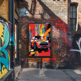 Vibrant Abstract Art Poster with Mini Cooper Illustration