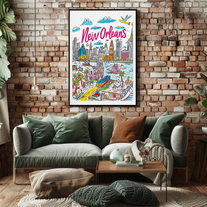 New Orleans Louisiana Colorful Riverside Cityscape Travel Poster